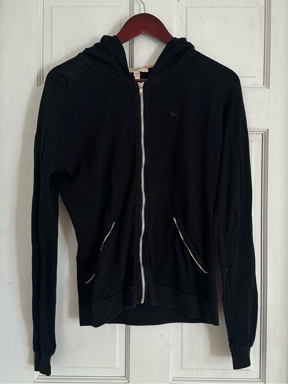 BURBERRY LONDON Vintage Y2K Women’s Black Knit Full Zip Nova Check Hoodie Size L